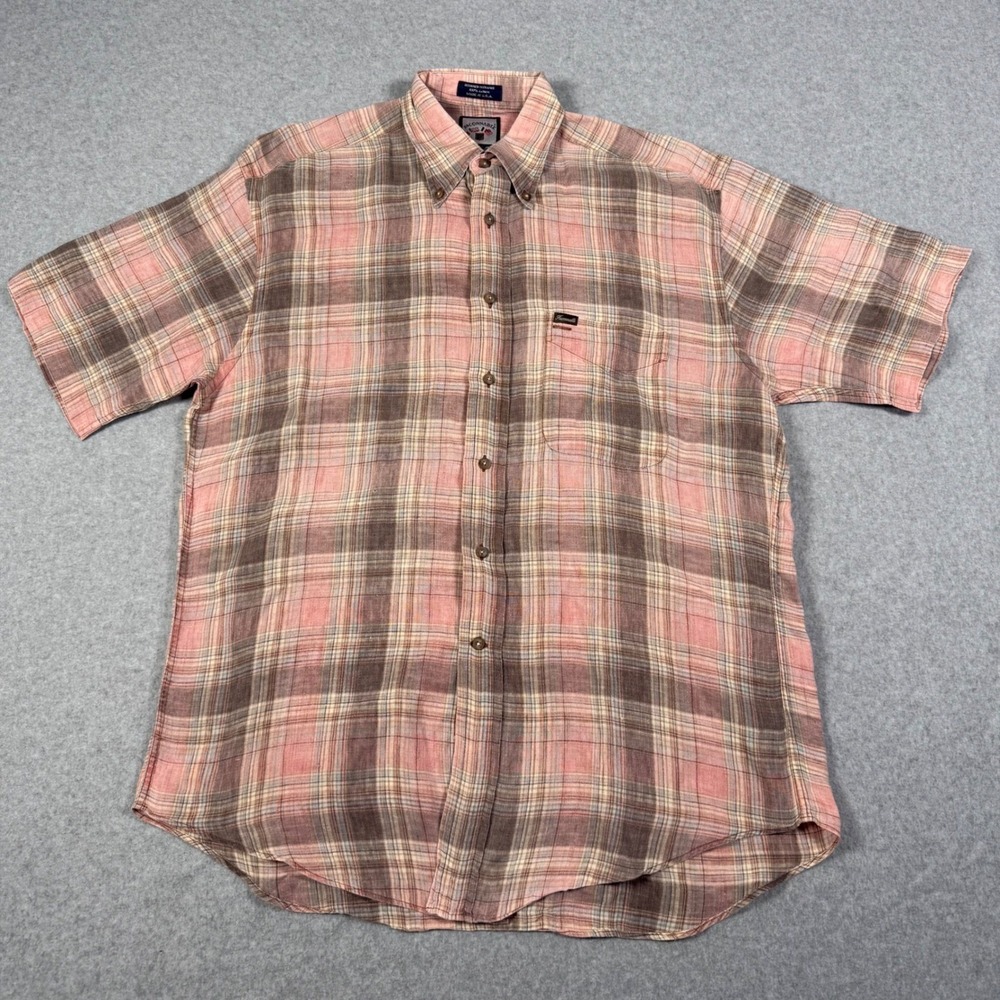 Vintage 90s Faconnable 100% Linen Plaid Short Sleeve Button Down Shirt M USA